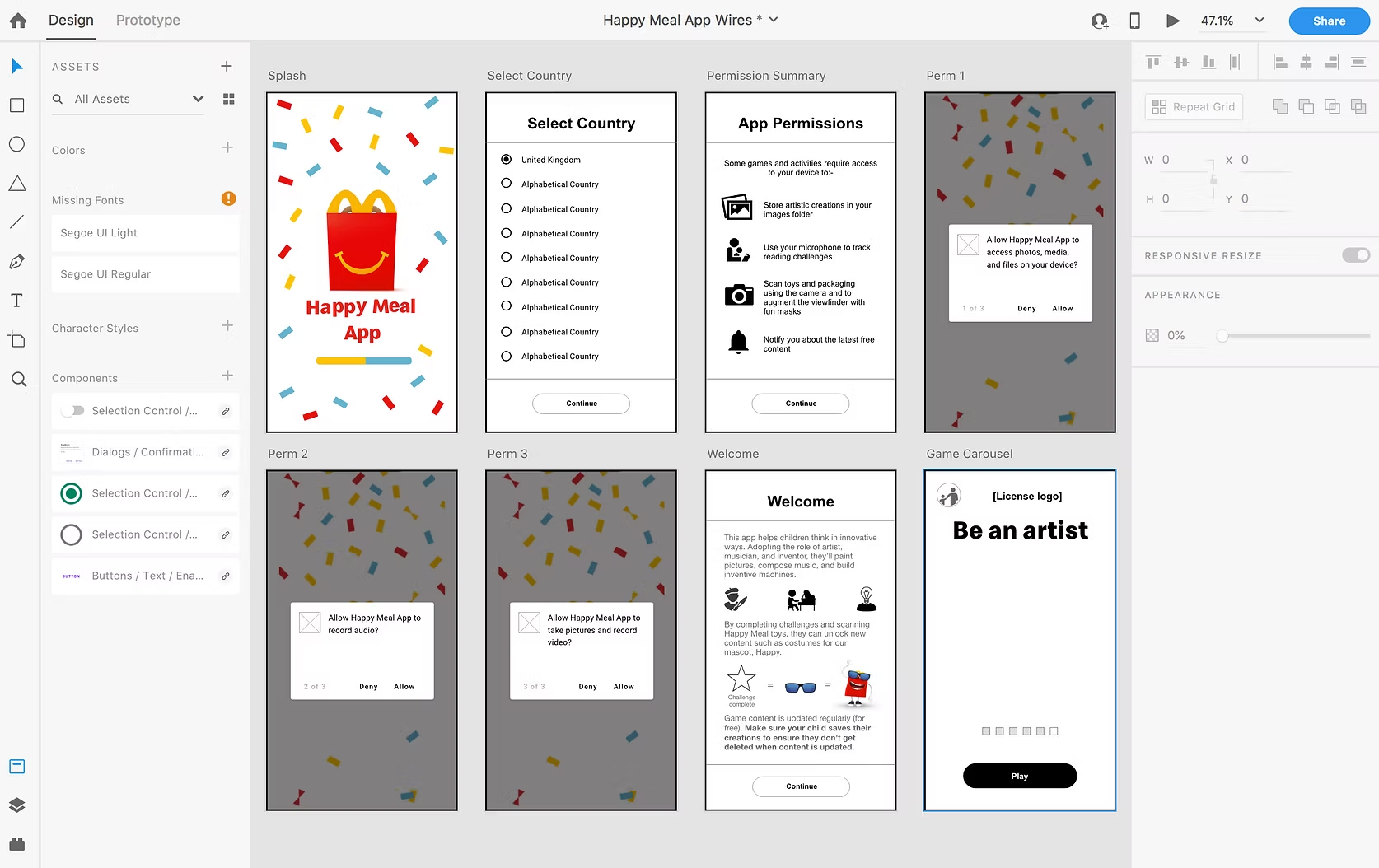 Happy Meal App wireframes and prototype